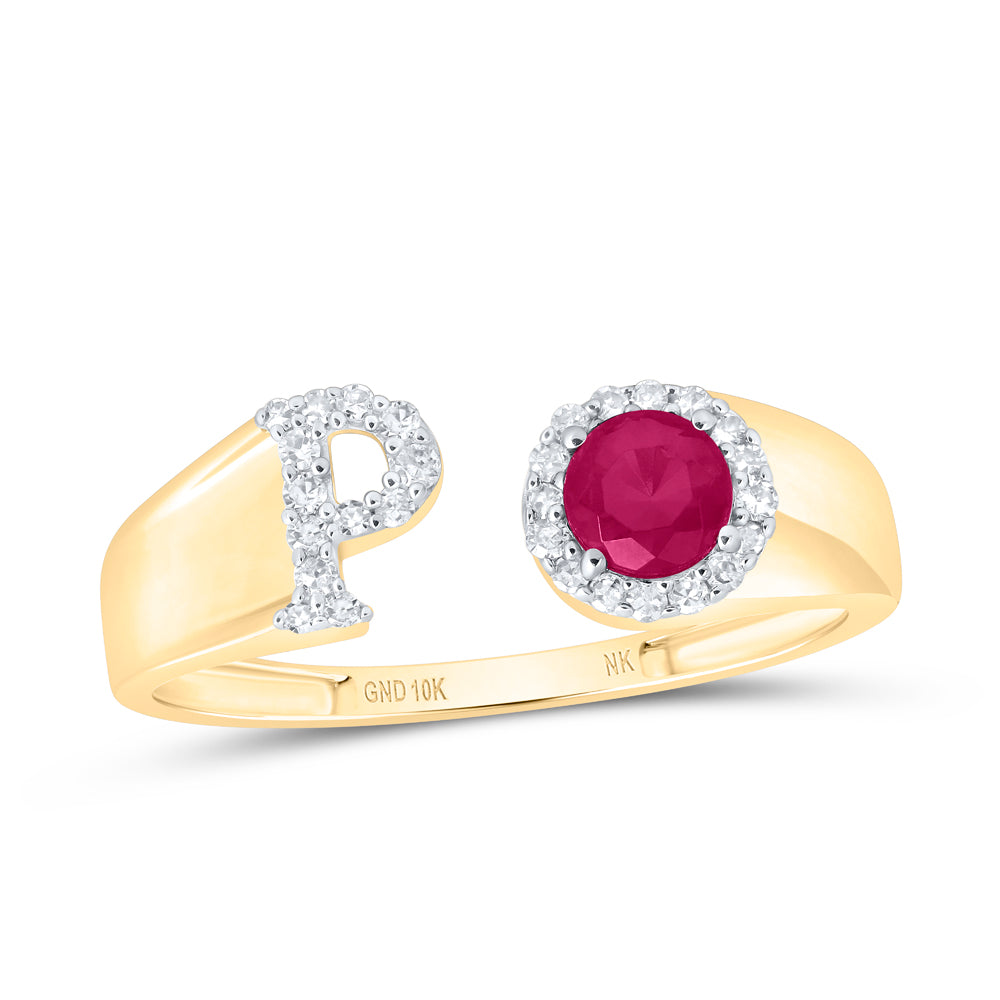 1/8Ctw-Nat Dia Nk 4 Mm Rd-Ru Synthetic Initial  "P" Ladies Ring (1.32 grams)