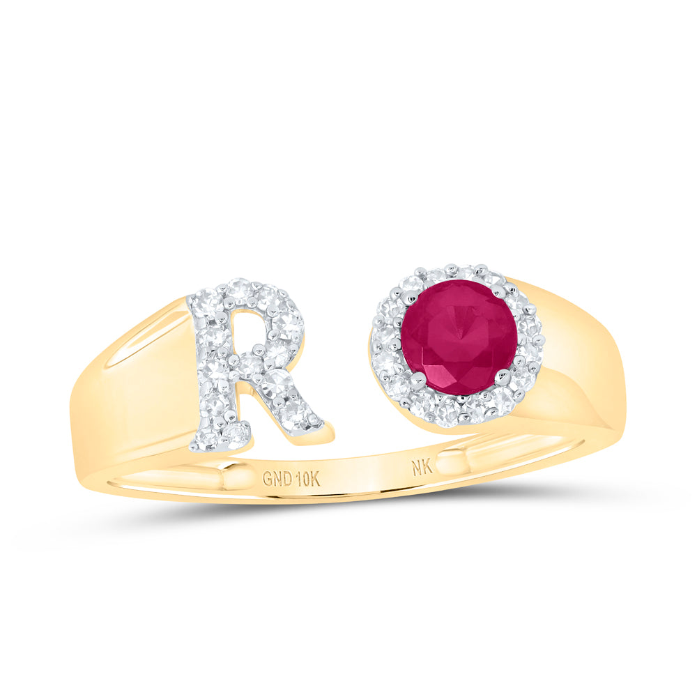 1/8Ctw-Nat Dia Nk 4 Mm Rd-Ru Synthetic Initial  "R" Ladies Ring (1.46 grams)