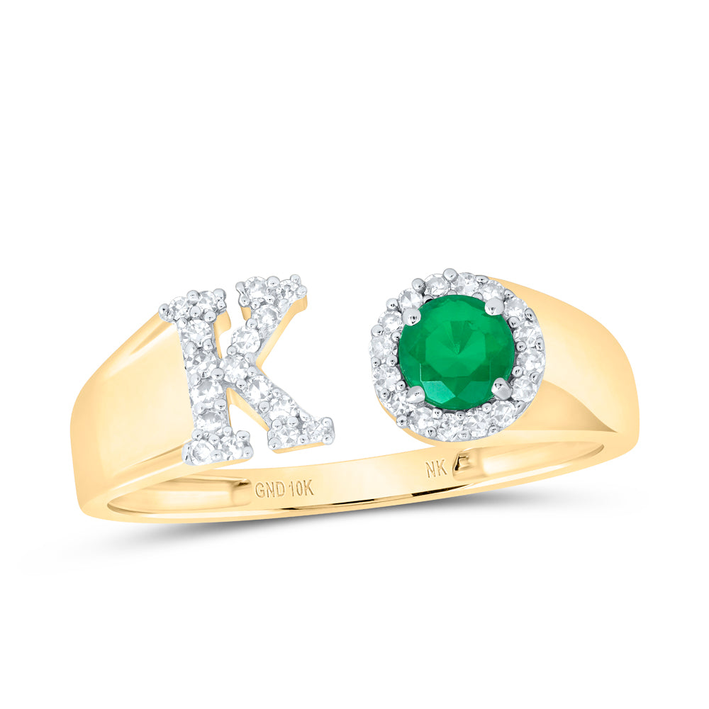 1/8Ctw-Nat Dia Nk 4 Mm Rd-Em Synthetic Initial  "K" Ladies Ring (1.54 grams)