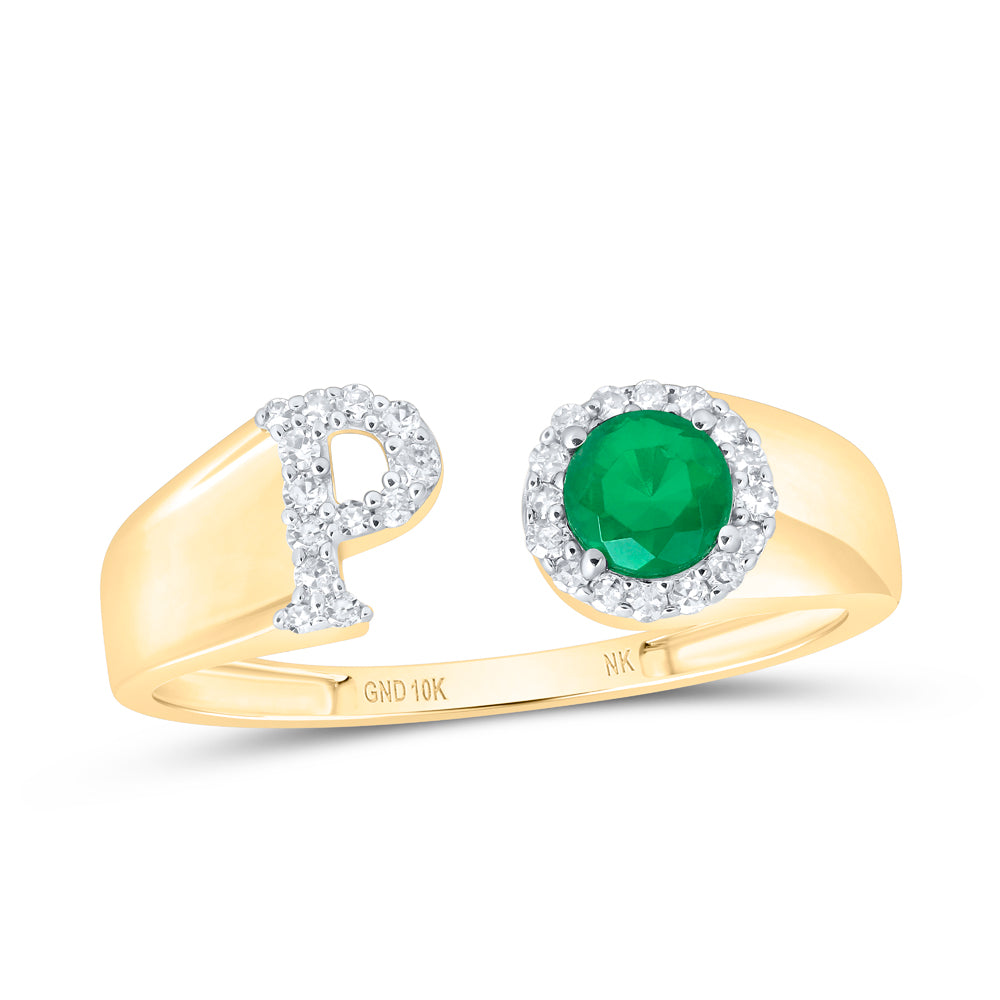 1/8Ctw-Nat Dia Nk 4 Mm Rd-Em Synthetic Initial  "P" Ladies Ring (1.24 grams)