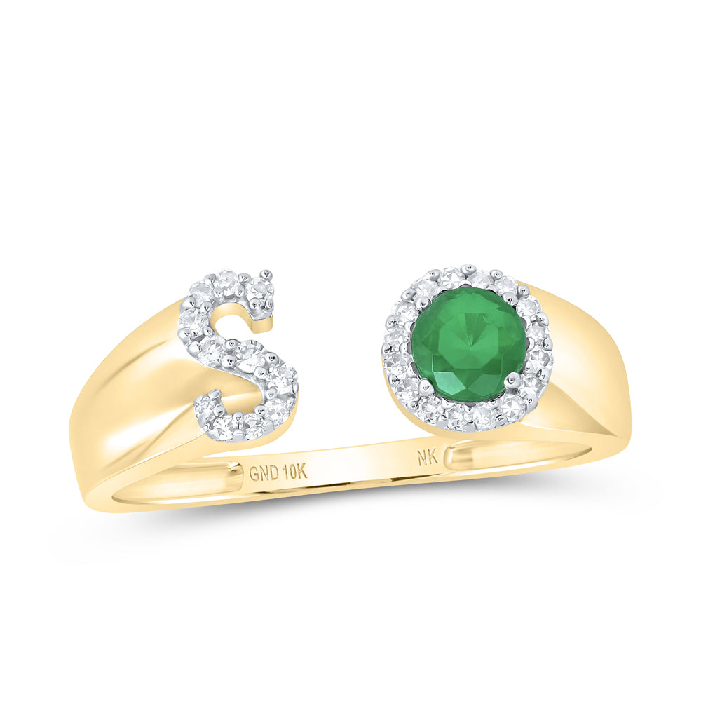 1/8Ctw-Nat Dia Nk 4 Mm Rd-Em Synthetic Initial  "S" Ladies Ring (1.71 grams)