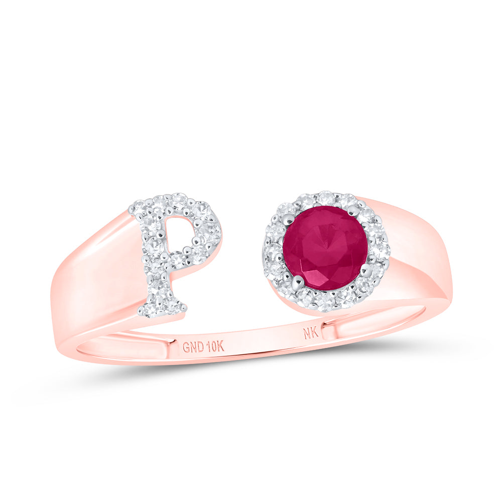 1/8Ctw-Nat Dia Nk 4 Mm Rd-Ru Synthetic Initial  "P" Ladies Ring (1.39 grams)