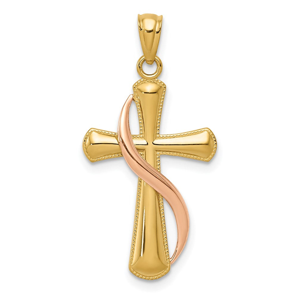 14k Two-tone 15 mm Two-Tone Polished Cross w/Drape Pendant (1.03 grams)