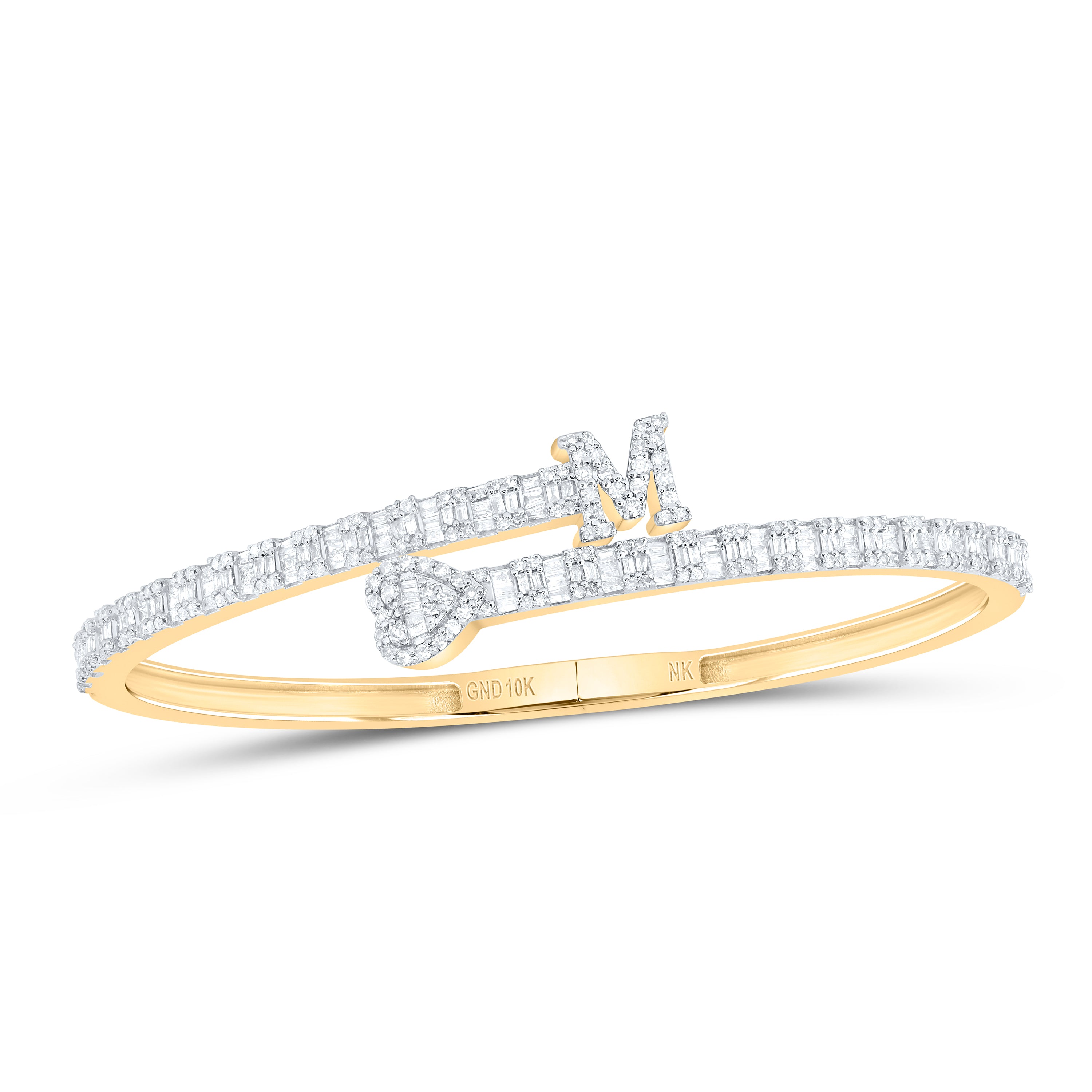 10Kt Gold 1 5/8Ctw-Dia Nk Heart Initial M" Ladies Cuff Bangle (55X65 Mm)"