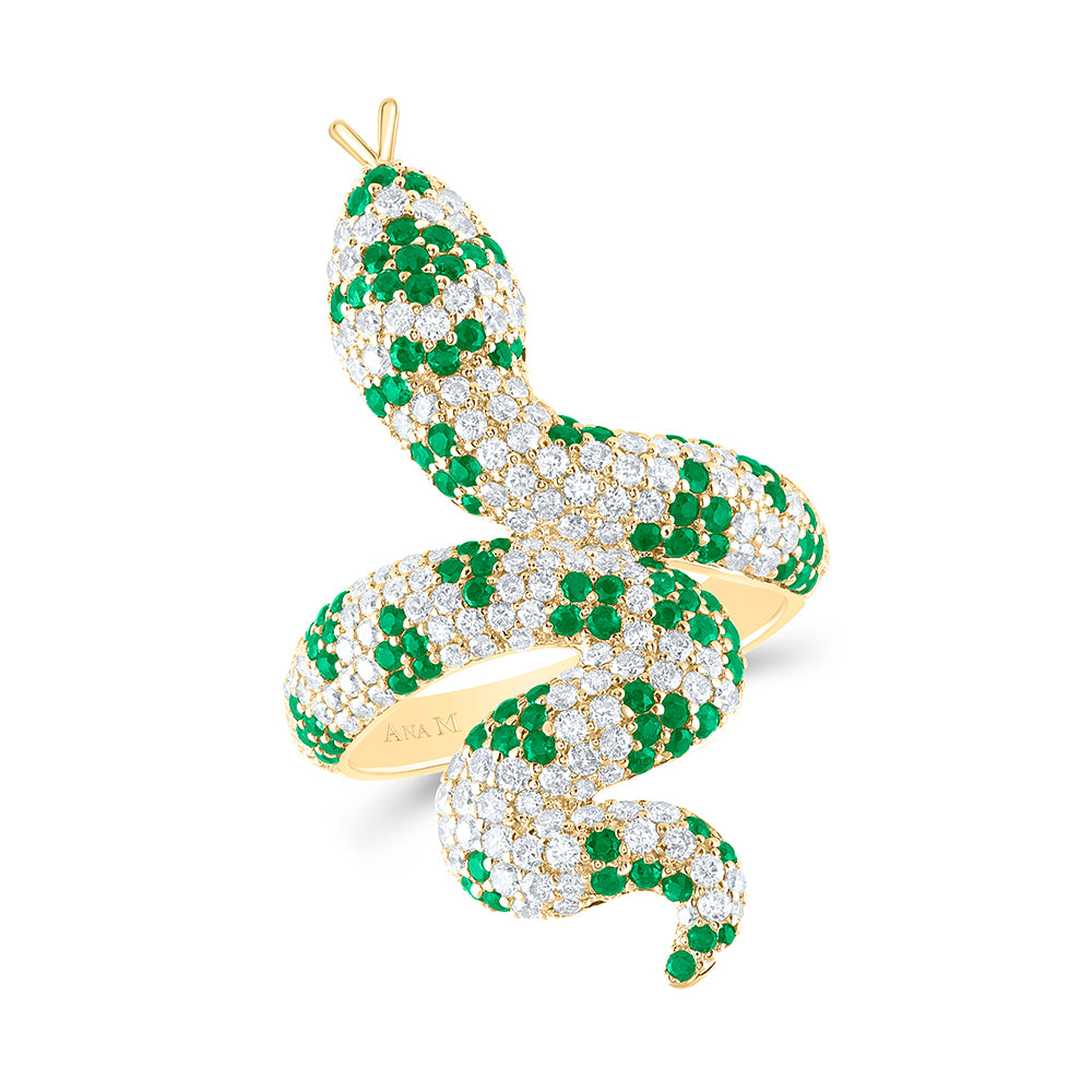 1 1/3Ctw-Nat Dia Ana M 7/8Ctw Rd-Em Nat Gem Snake Ring (9.11 grams)