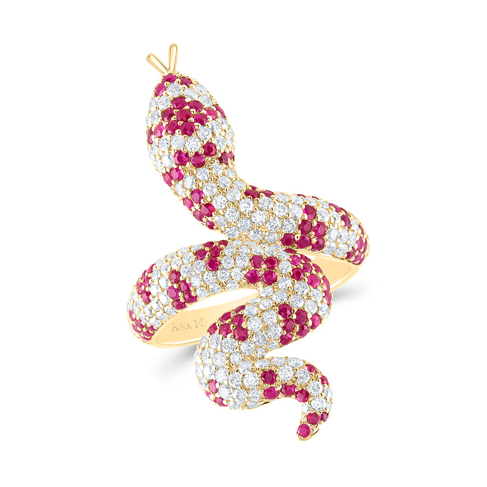 1 1/3Ctw-Nat Dia Ana M 1Ctw Rd-Ruby Nat Gem Snake Ring (9.05 grams)