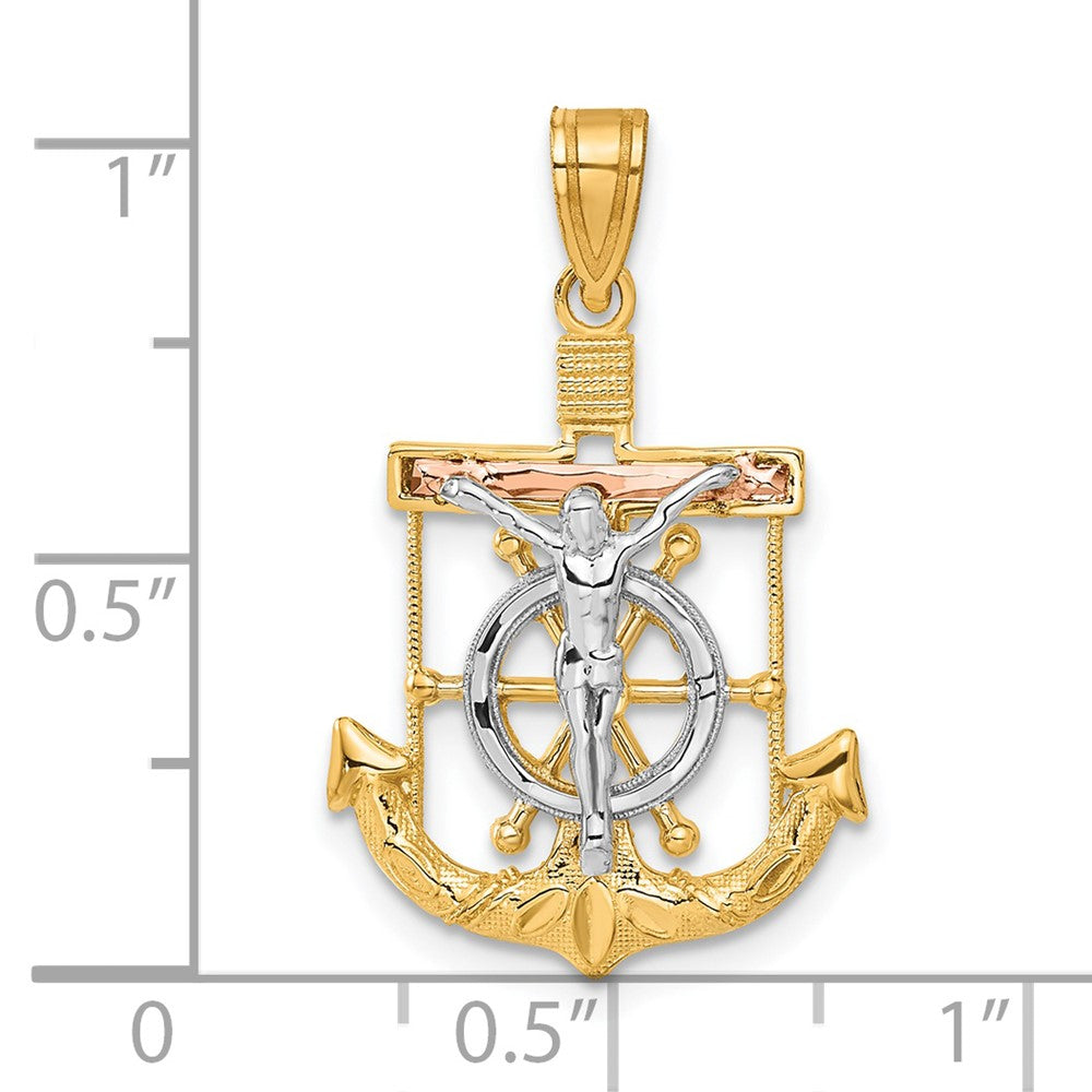 14k Tri-Color 18 mm Tri-color Diamond-cut w/Textured Mariner's Cross Pendant (1.83 grams)