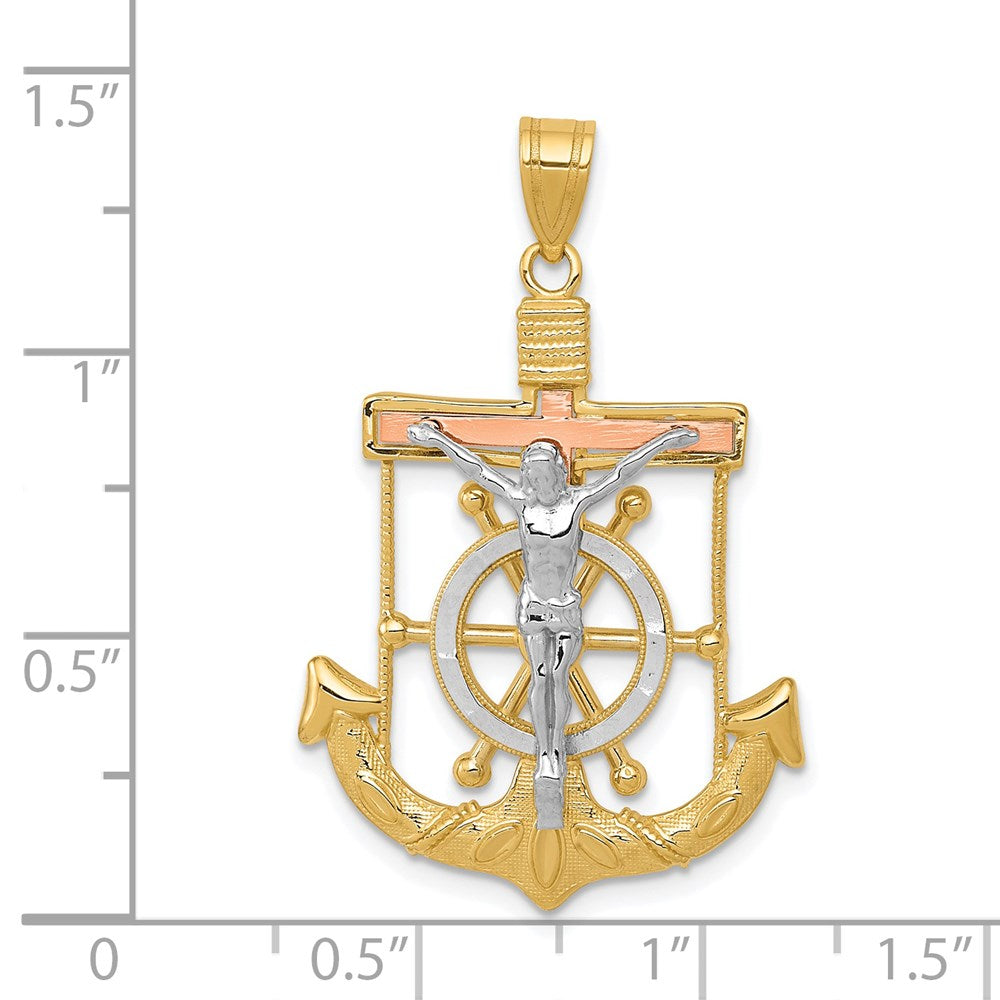 14k Tri-Color 22 mm Tri-color Diamond-cut w/Textured Mariner's Cross Pendant (2.51 grams)