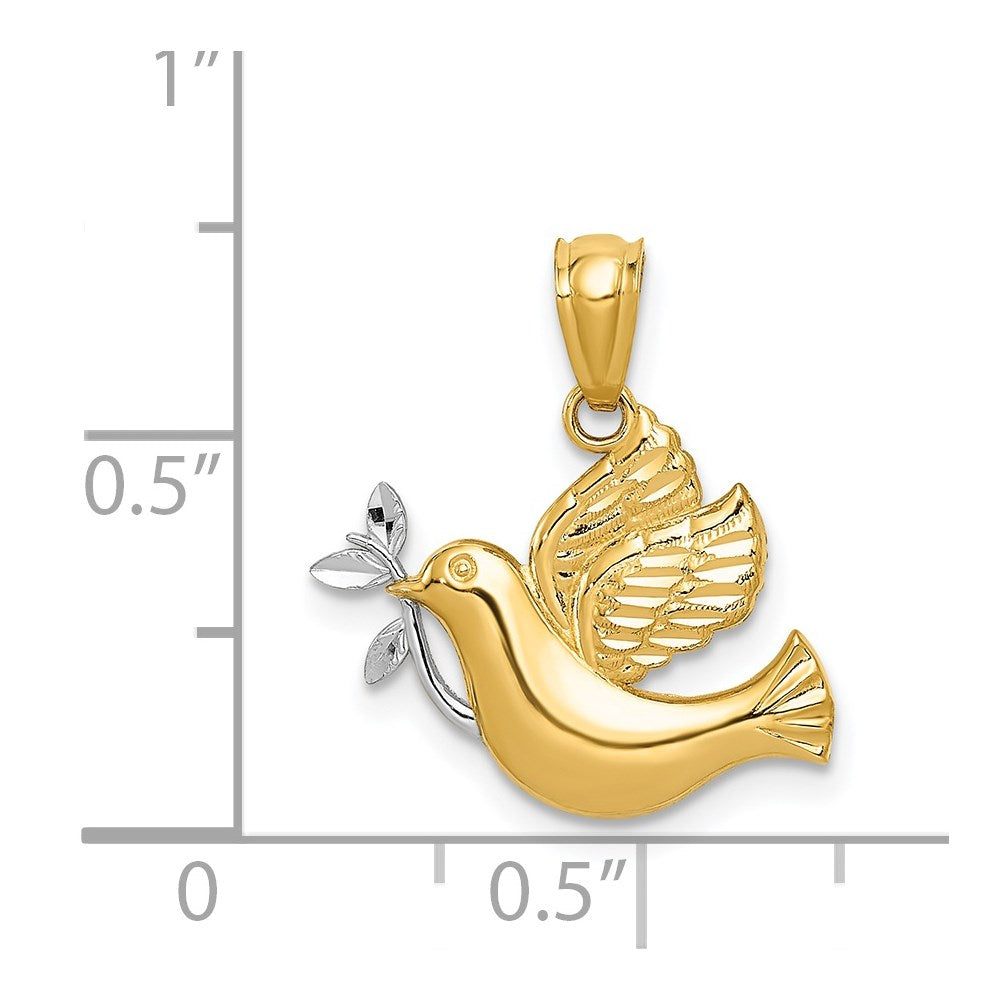 14k Yellow & Rhodium 20 mm  Polished Dove w/Olive Branch Pendant (0.71 grams)