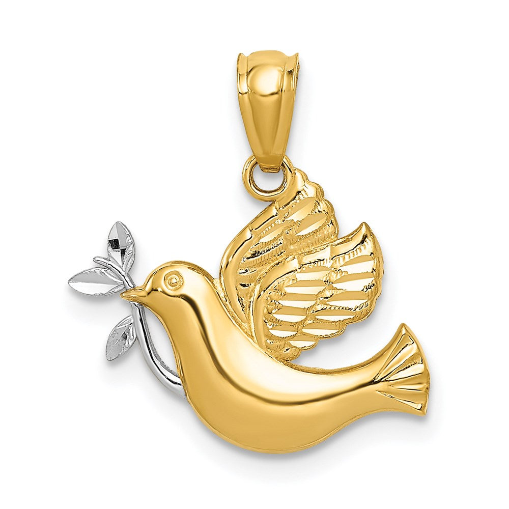 14k Yellow & Rhodium 20 mm  Polished Dove w/Olive Branch Pendant (0.71 grams)