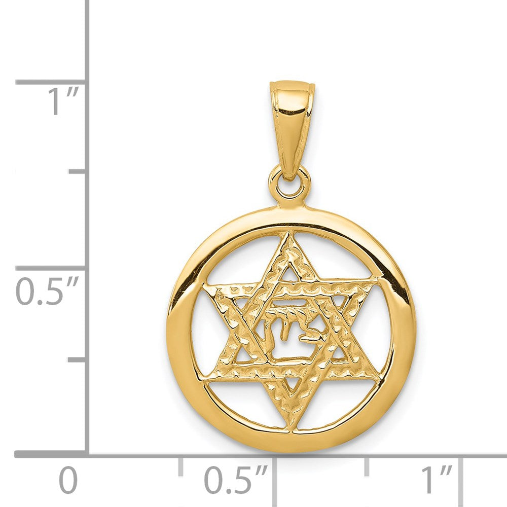 14k Yellow Gold 17 mm Jewish Chai In Star Of David Pendant