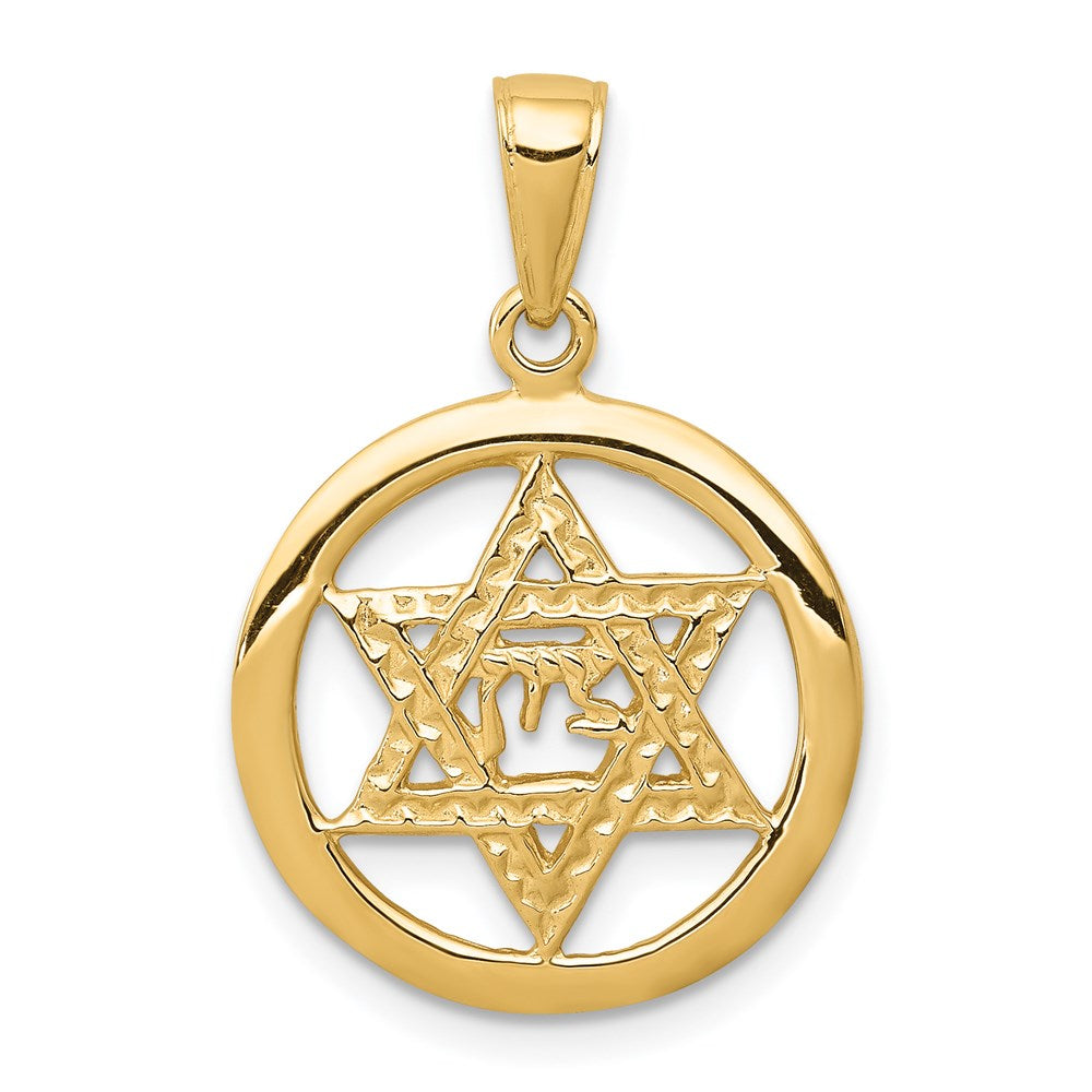 14k Yellow Gold 17 mm Jewish Chai In Star Of David Pendant