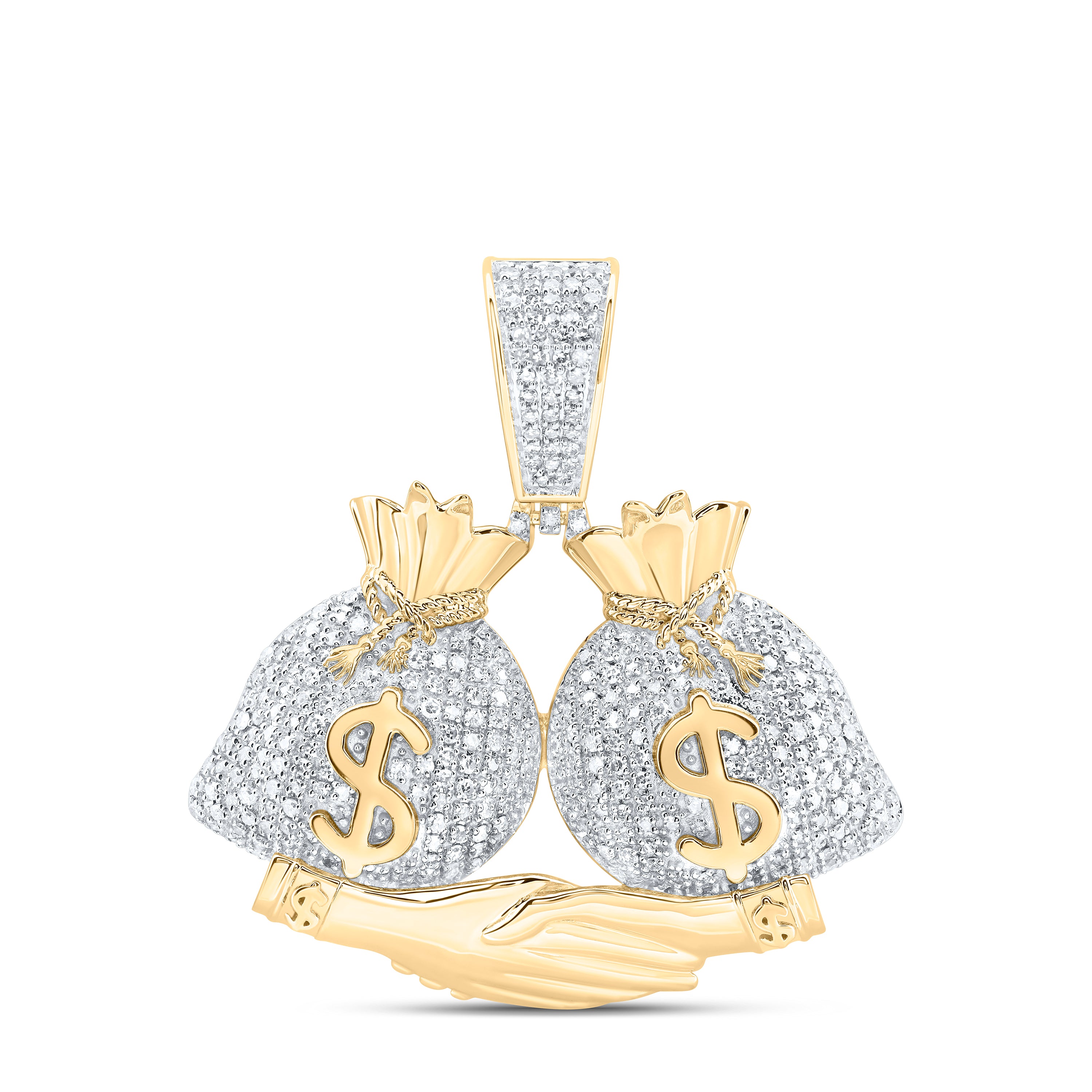 10Kt Gold 1Ctw-Dia Nk Hand Shaking Money Bag Mens Charm