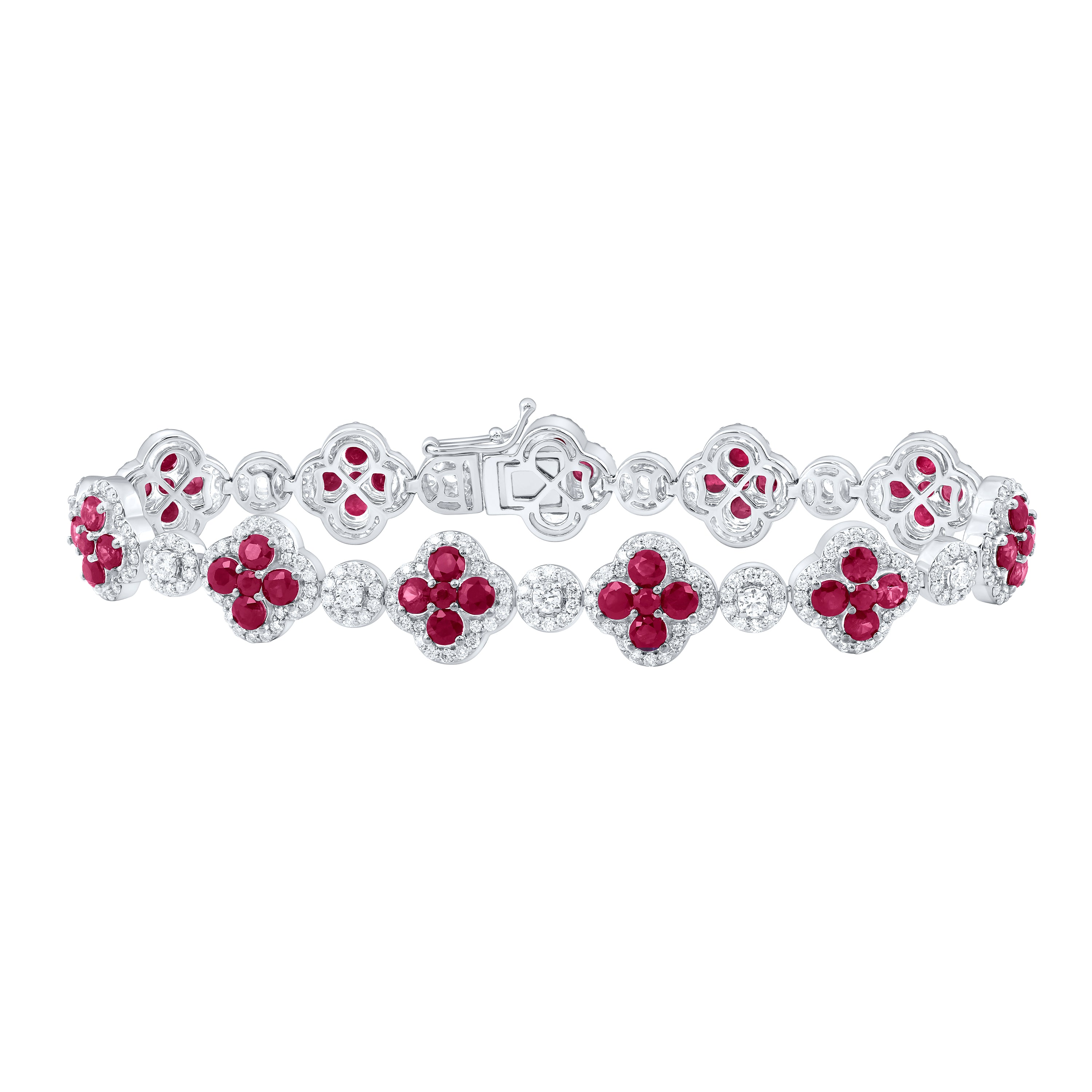 3 Ctw-Nat Dia Ana M 6 1/4Ctw Rd-Ruby Nat Gem Clover Bracelet  (7 Inch) (18.122 grams)
