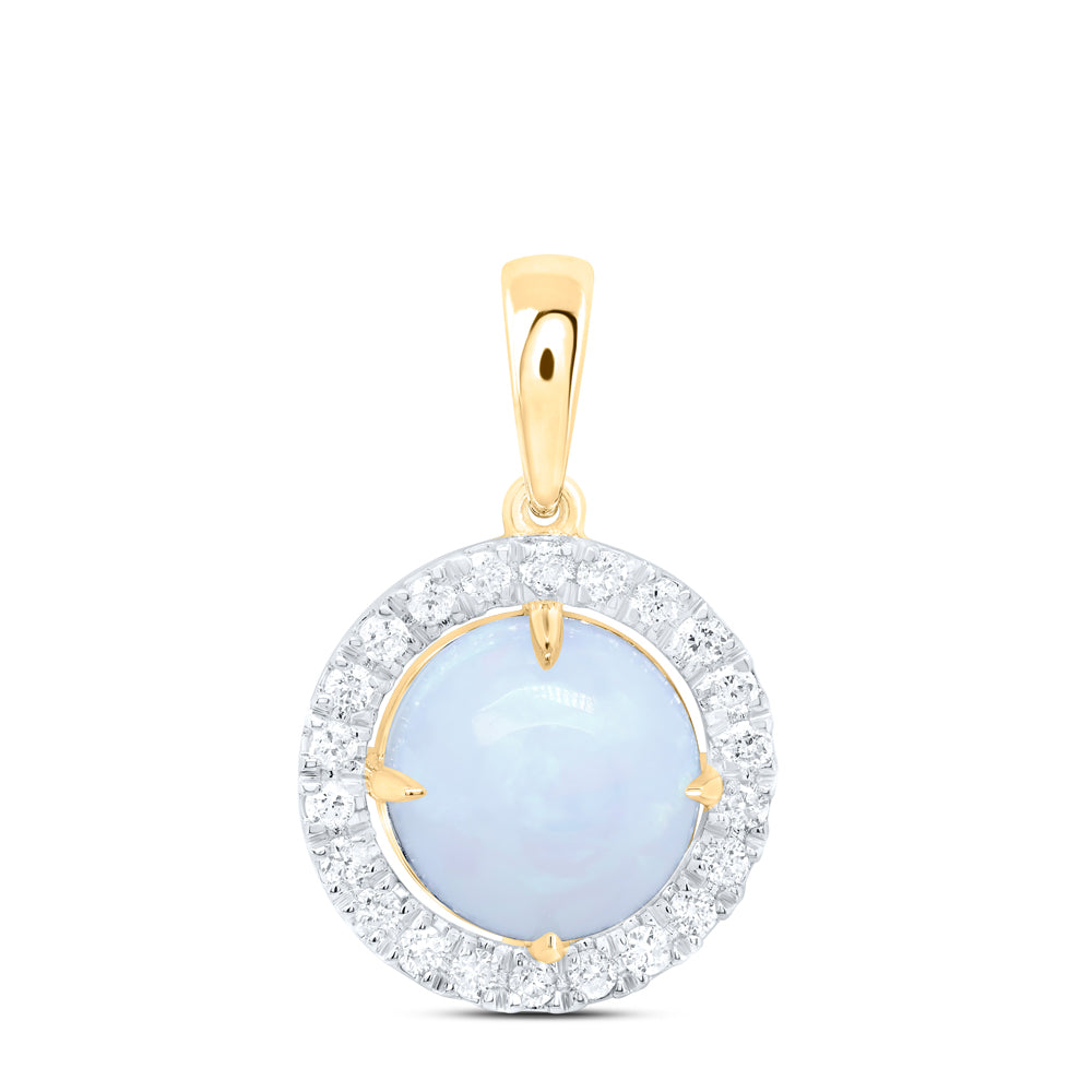 10Kt Gold 1/5Ctw-Dia Cn 8Mm-Opal Nat Gem Round Pendant