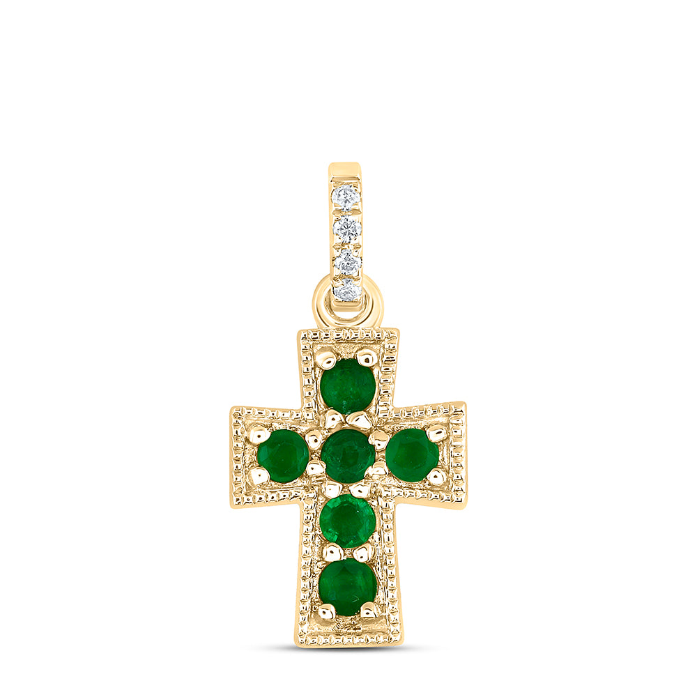 14Kt Gold 0.012Ctw-Dia Ana M 1/10Ct Rd-Em Nat Gem Cross Pendant