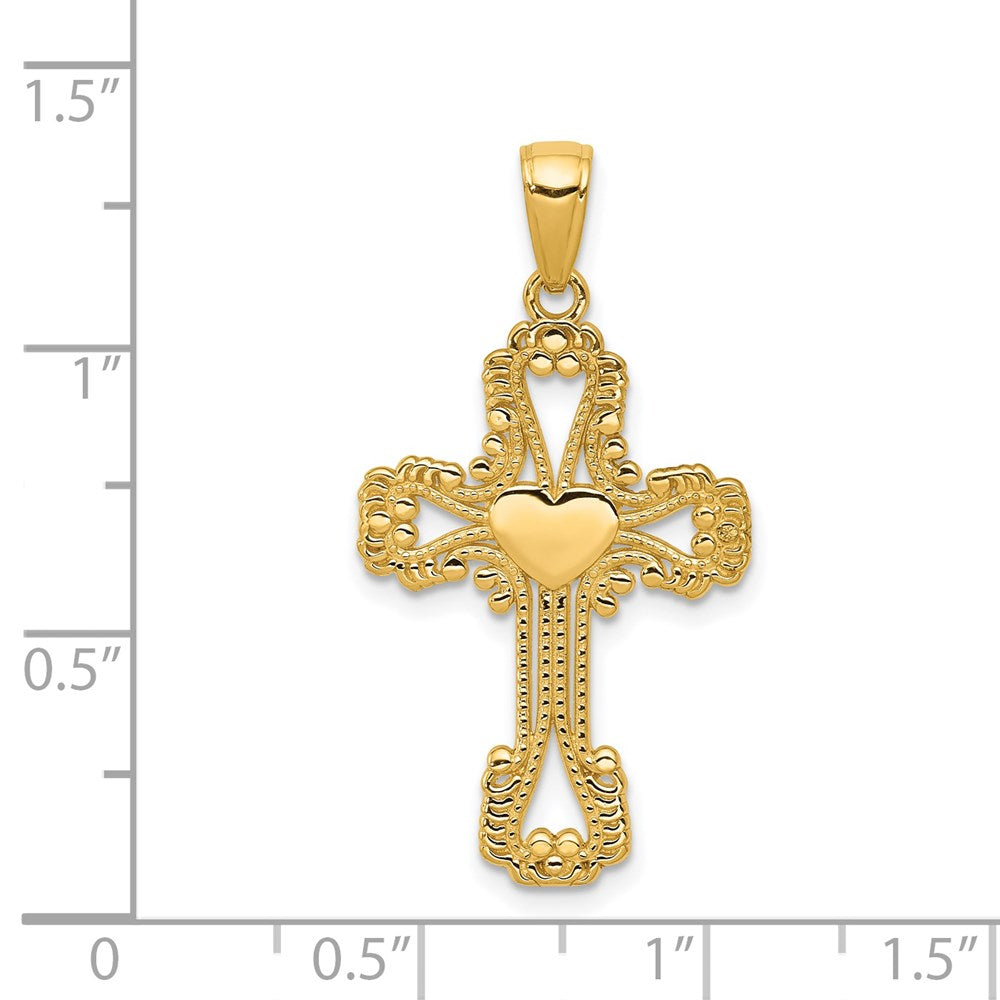 14k Yellow Gold 18 mm Beaded Cross with Heart Pendant (1.59 grams)