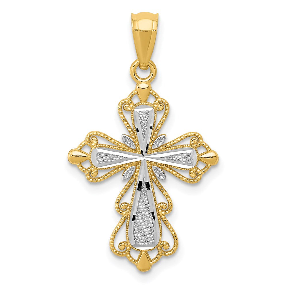 14k Yellow & Rhodium 16 mm  Diamond-cut Cross Pendant (1.08 grams)