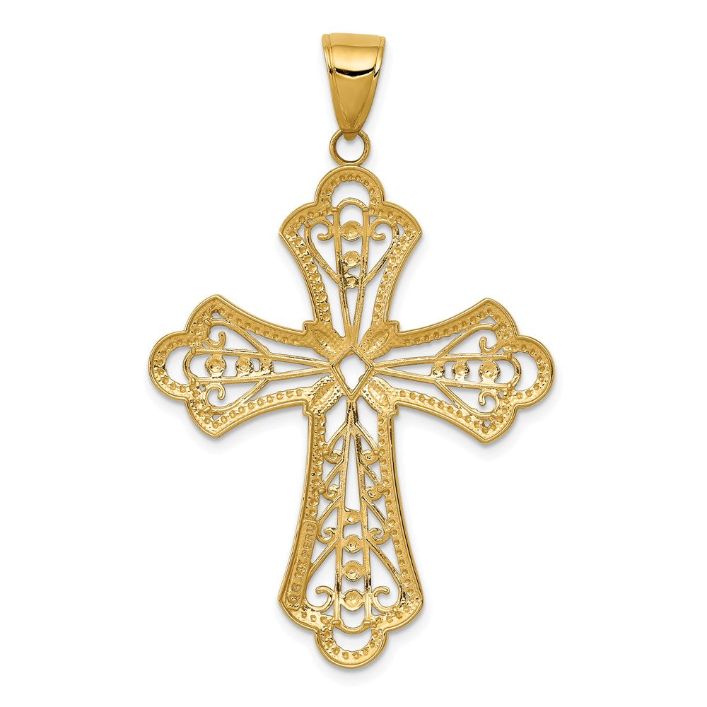 14k Yellow & Rhodium 30 mm  Diamond-cut Filigree Cut-out Cross Pendant (3.11 grams)