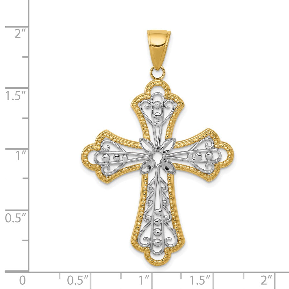 14k Yellow & Rhodium 30 mm  Diamond-cut Filigree Cut-out Cross Pendant (3.11 grams)