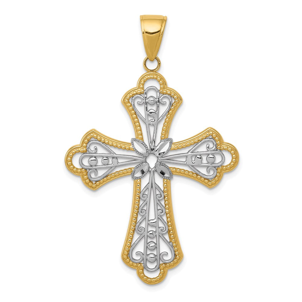 14k Yellow & Rhodium 30 mm  Diamond-cut Filigree Cut-out Cross Pendant (3.11 grams)