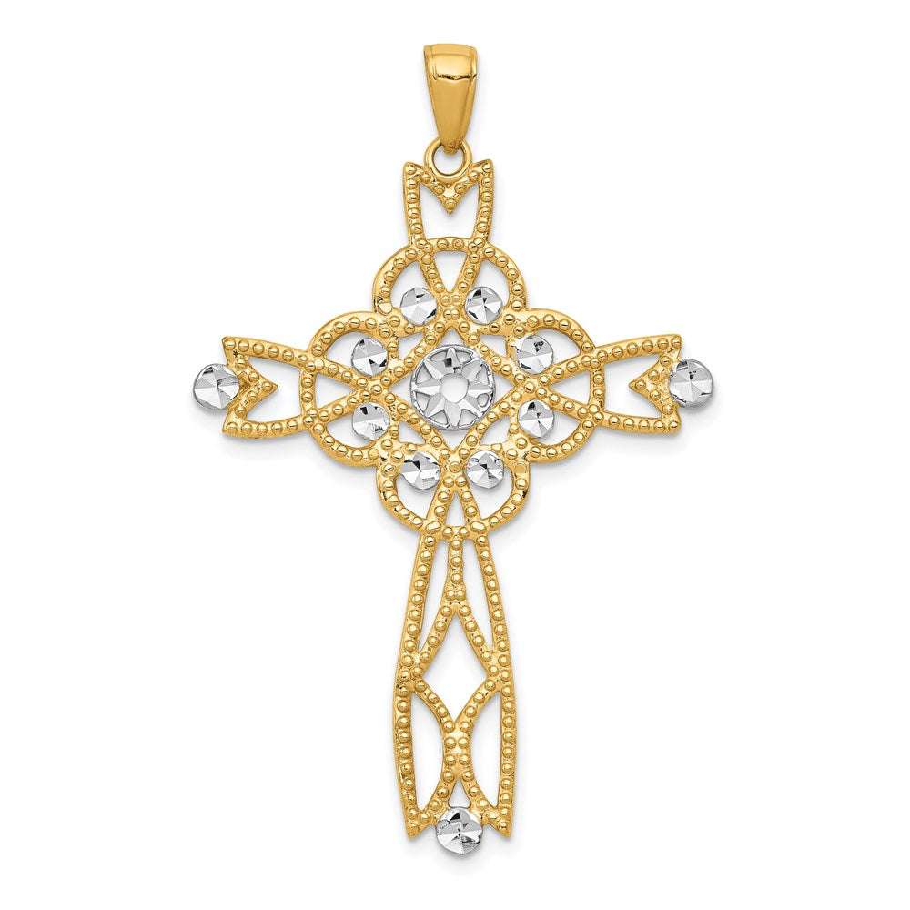 14k Yellow & Rhodium 30 mm  Diamond-cut Beaded Trim Infinity Cross Pendant (2.47 grams)