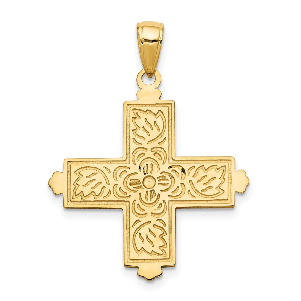 14k Yellow Gold 23 mm Etched Square Cross w/Crown Tips Pendant (2.74 grams)