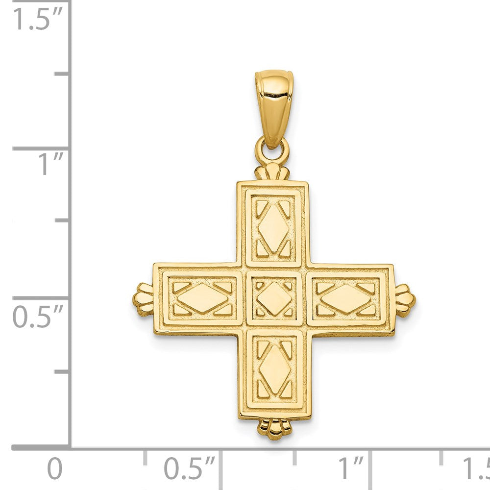 14k Yellow Gold 23 mm Etched Square Cross w/Crown Tips Pendant (2.74 grams)