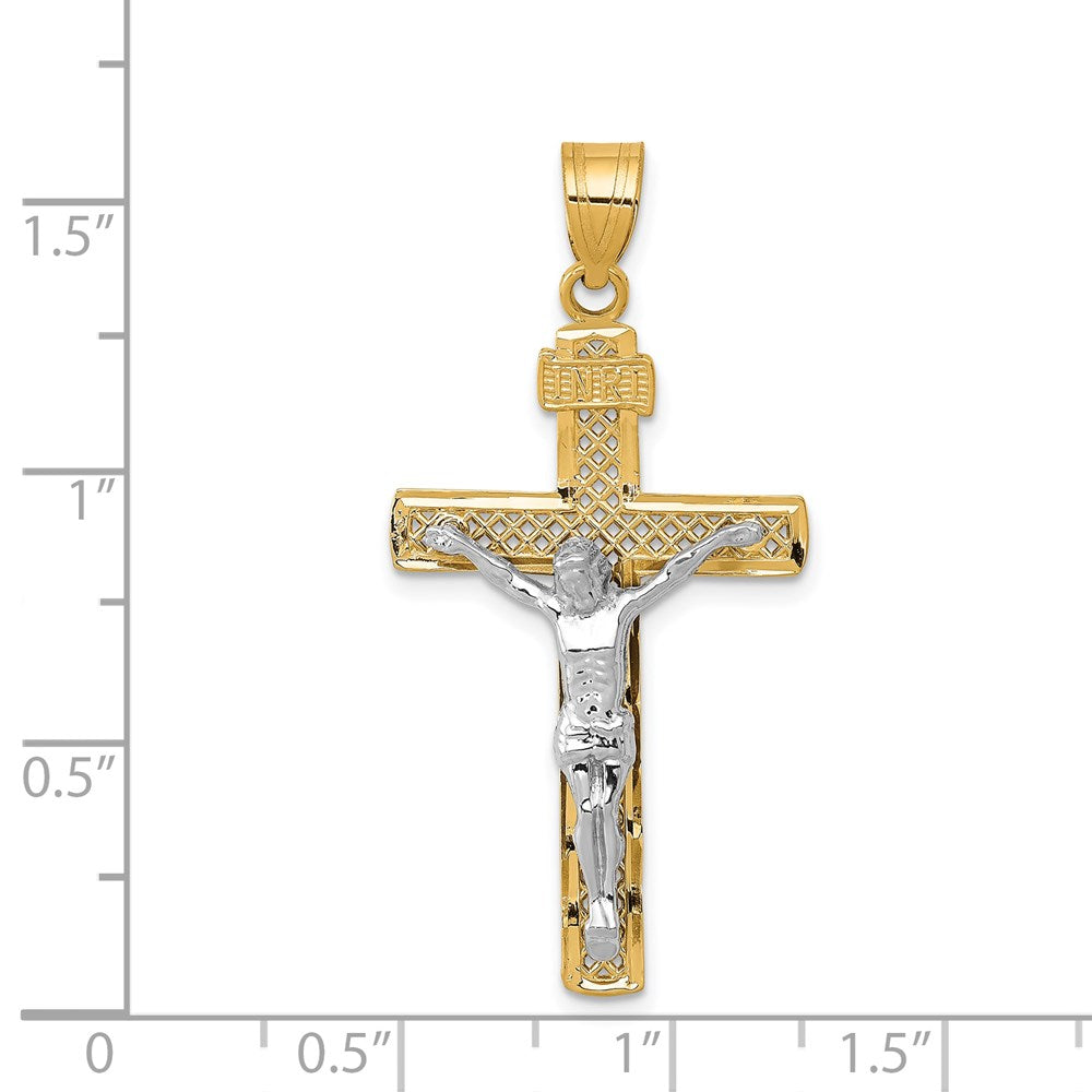 14k Two-tone 21 mm Two-tone Diamond-cut Lattice Cross w/Jesus Crucifix Pendant (1.74 grams)