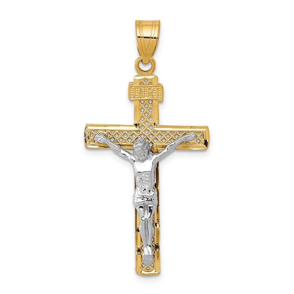 14k Two-tone 21 mm Two-tone Diamond-cut Lattice Cross w/Jesus Crucifix Pendant (1.74 grams)