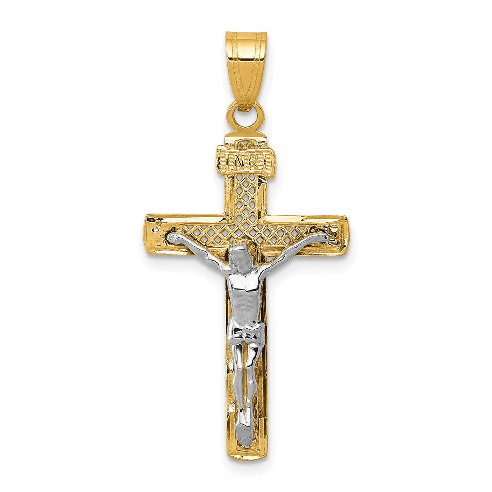 14k Two-tone 16 mm Two-tone Diamond-cut Lattice Cross w/Jesus Crucifix Pendant (1.22 grams)