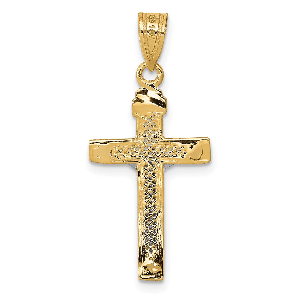 14k Two-tone 13 mm Two-tone Diamond-cut Lattice Cross w/Jesus Crucifix Pendant (0.7 grams)