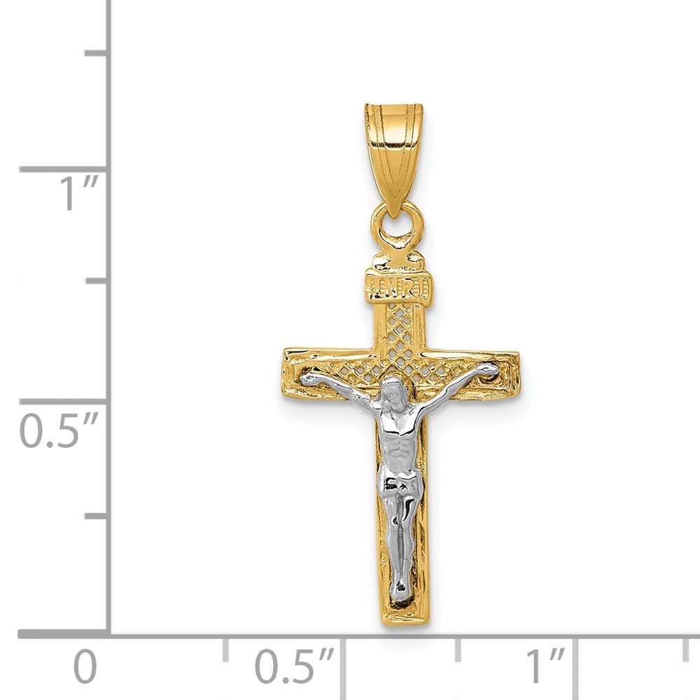 14k Two-tone 13 mm Two-tone Diamond-cut Lattice Cross w/Jesus Crucifix Pendant (0.7 grams)