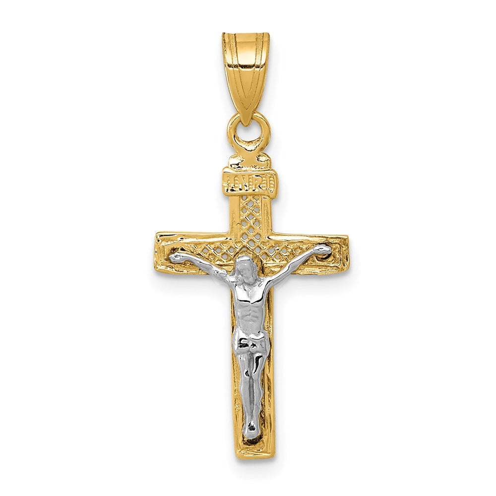 14k Two-tone 13 mm Two-tone Diamond-cut Lattice Cross w/Jesus Crucifix Pendant (0.7 grams)