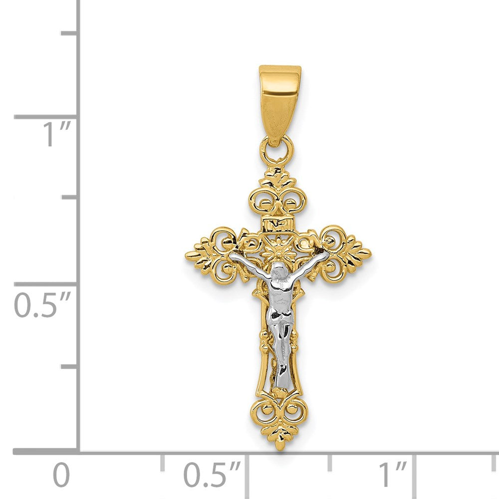 14k Two-tone 14 mm Two-Tone Small Lacy-Edge Inri Jesus Crucifix Pendant (1.12 grams)