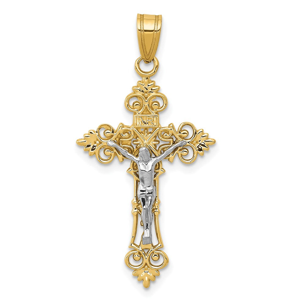 14k Two-tone 18 mm Two-Tone Medium Lacy-Edge Inri Jesus Crucifix Pendant (1.65 grams)