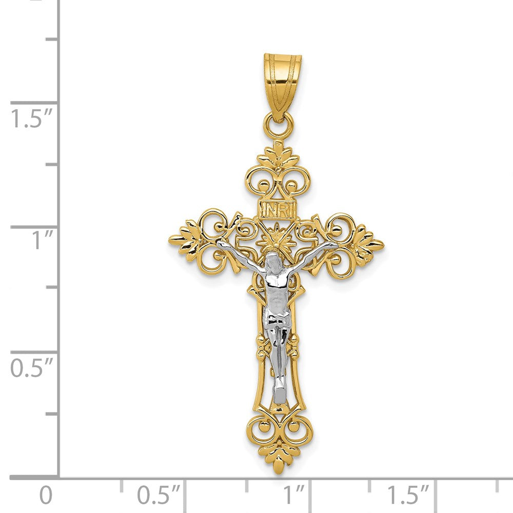 14k Two-tone 22 mm Two-Tone Large Lacy-Edge Inri Jesus Crucifix Pendant (2.47 grams)