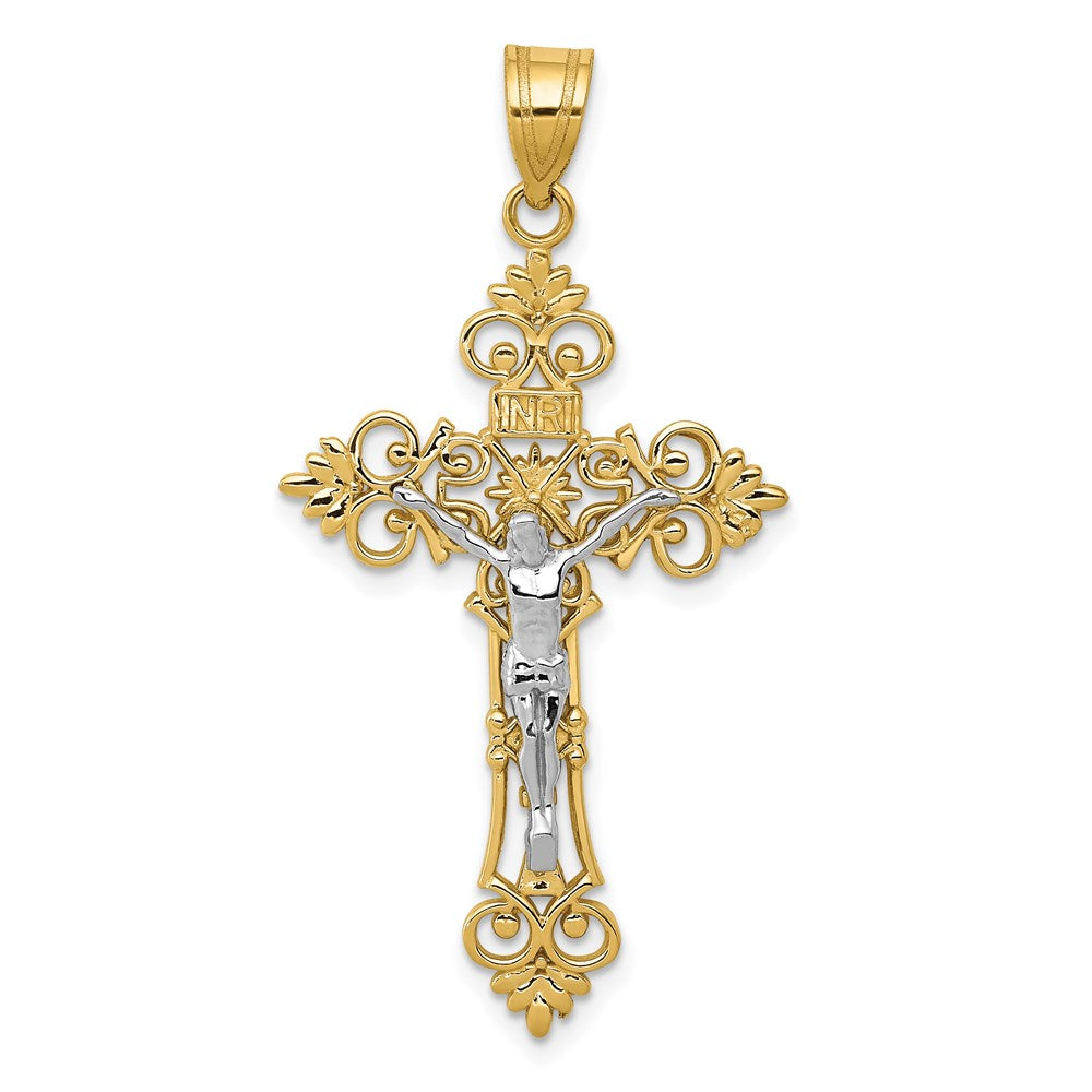 14k Two-tone 22 mm Two-Tone Large Lacy-Edge Inri Jesus Crucifix Pendant (2.47 grams)