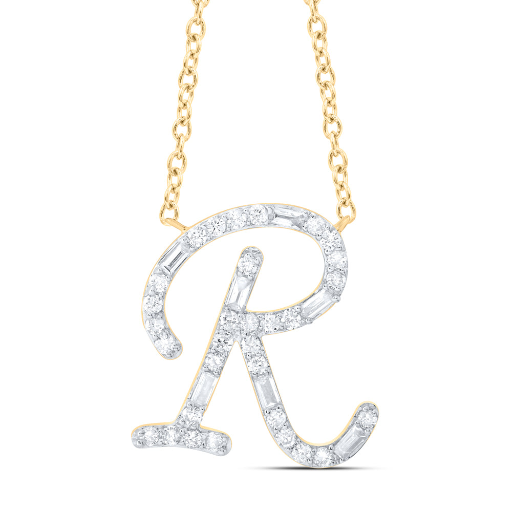10Kt Gold 1/5Ctw-Diamond Initial R" Fashion Baguette Necklace (18 Inch) "