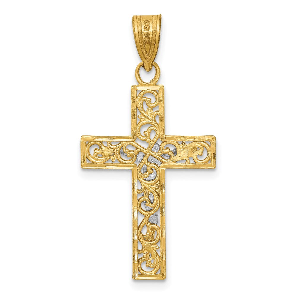 14k Two-tone 16 mm Two-Tone D/C Small Block Filigree Jesus Crucifix Pendant (1.09 grams)