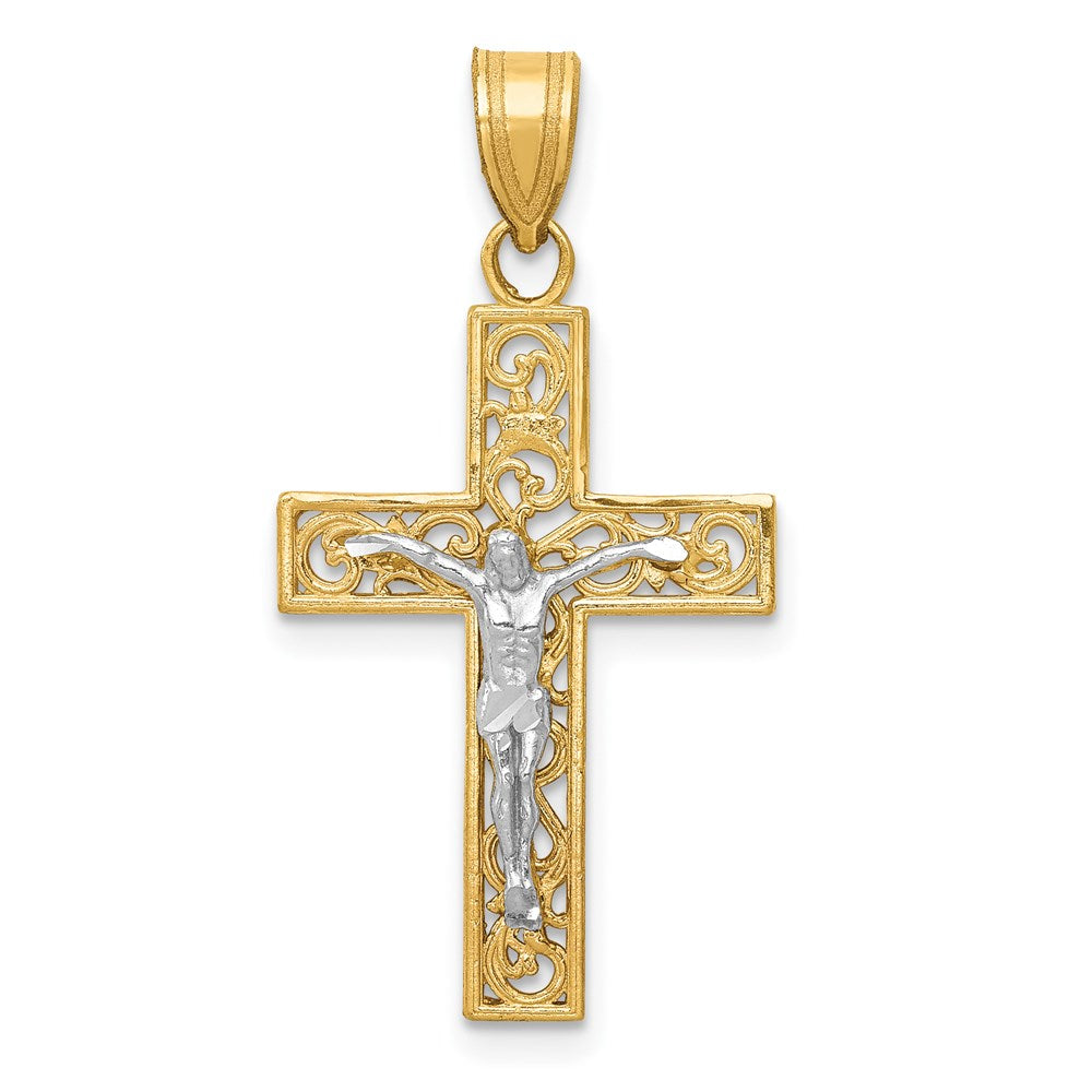 14k Two-tone 16 mm Two-Tone D/C Small Block Filigree Jesus Crucifix Pendant (1.09 grams)