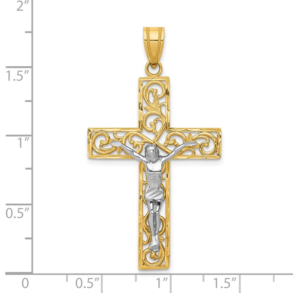 14k Two-tone 25 mm Two-Tone D/C Large Block Filigree Jesus Crucifix Pendant (2.68 grams)