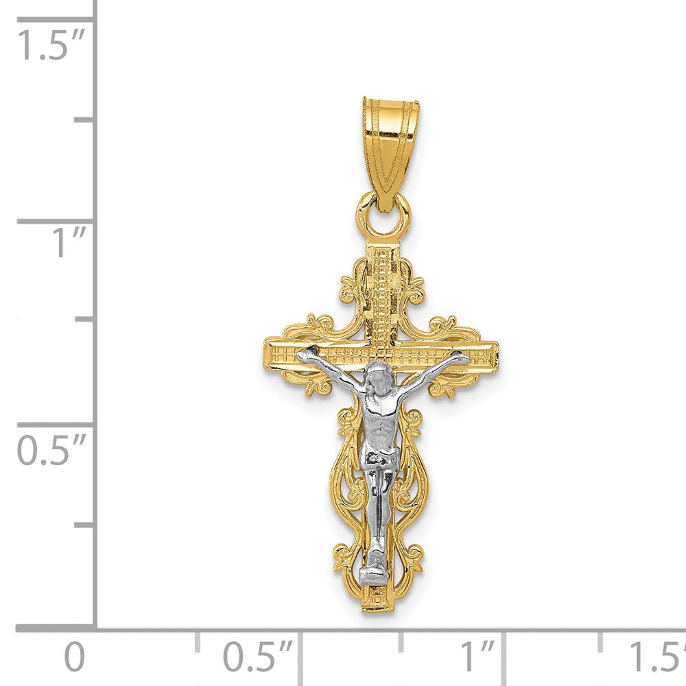 14k Two-tone 14 mm Two-tone Small Narrow Cross w/Jesus Crucifix Pendant (1.24 grams)