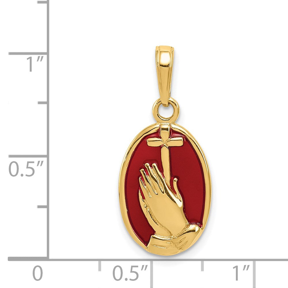 14k Yellow Gold 11 mm Red Enamel Praying Hands and Cross Pendant