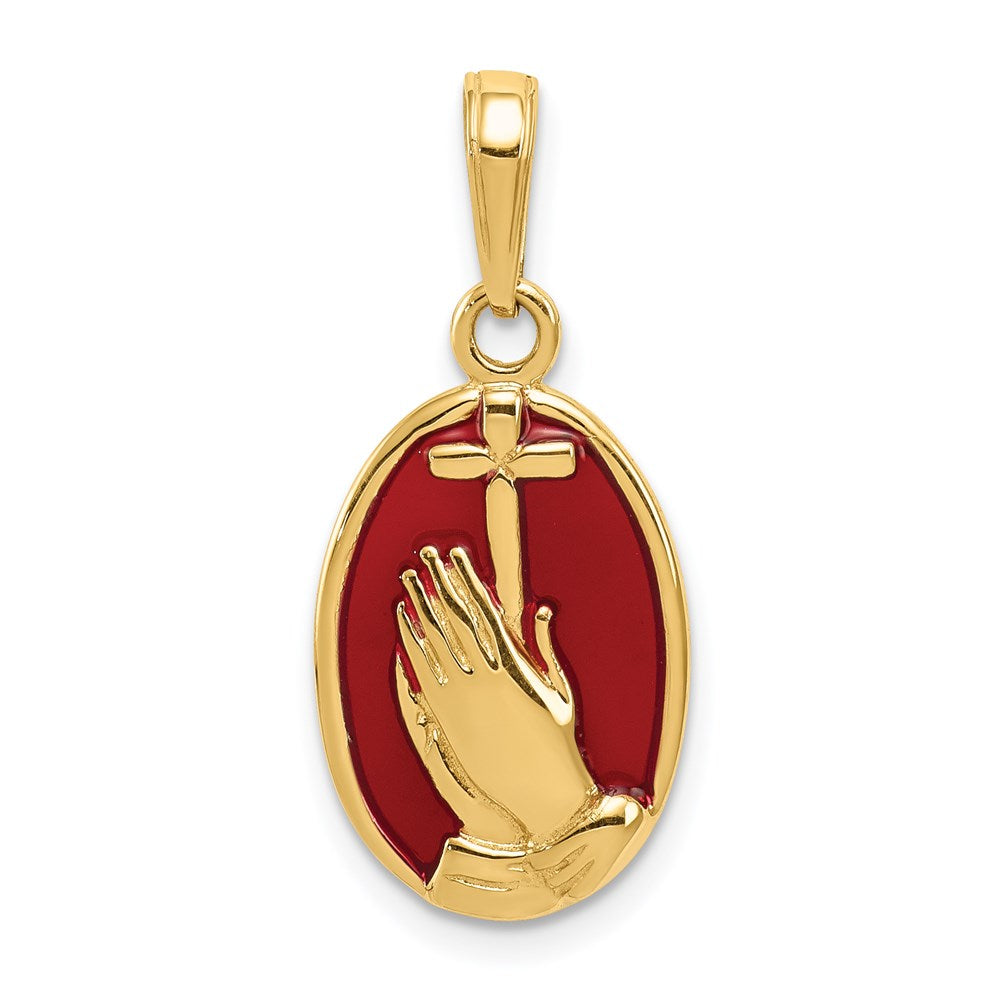 14k Yellow Gold 11 mm Red Enamel Praying Hands and Cross Pendant