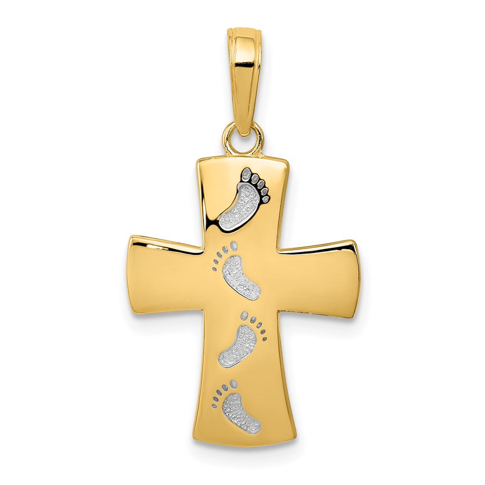 14k Yellow & Rhodium 15 mm  Footprints Cross Pendant (1.33 grams)