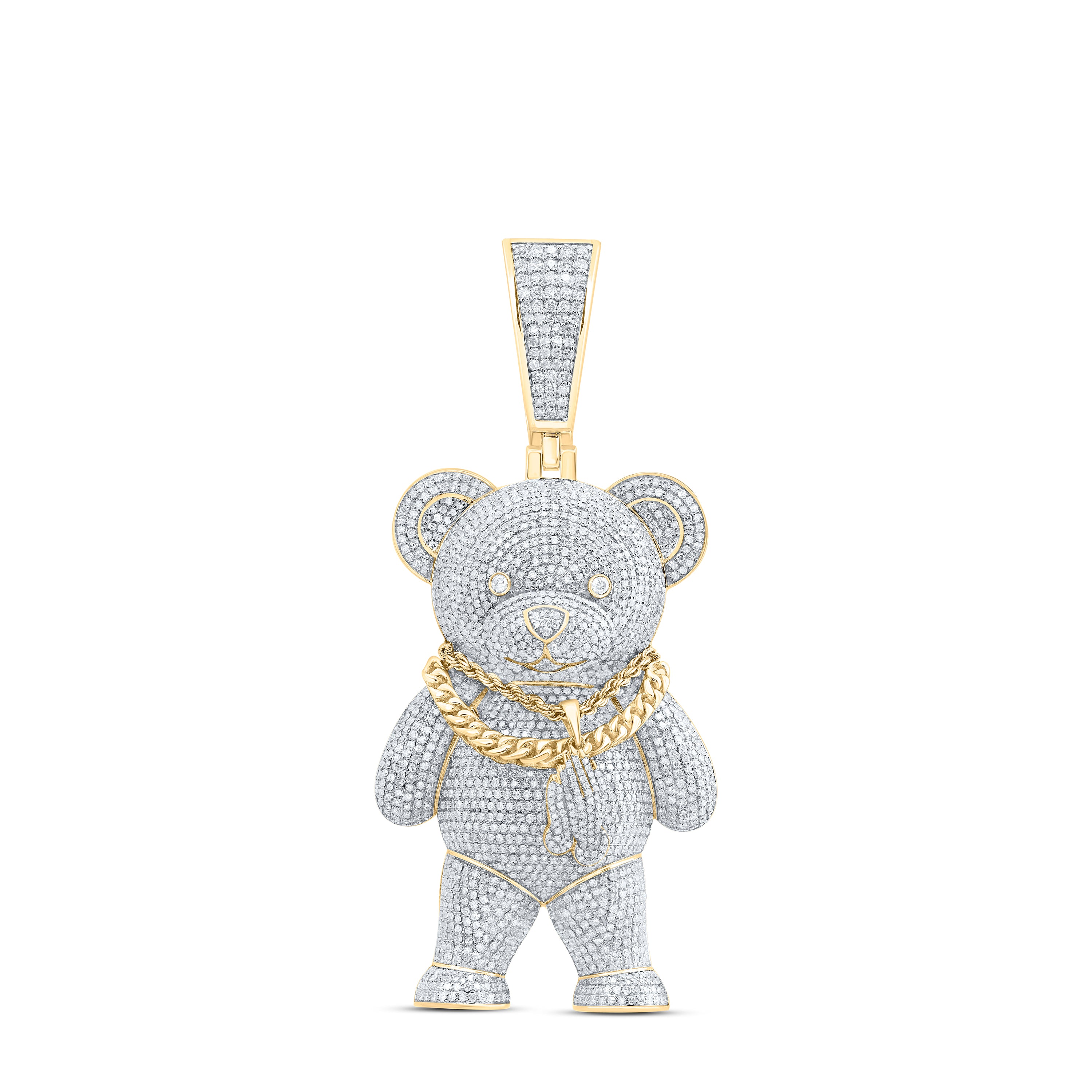 10Kt Gold 7 1/2Ctw-Dia Nk Teddy Bear Mens Charm With Chain