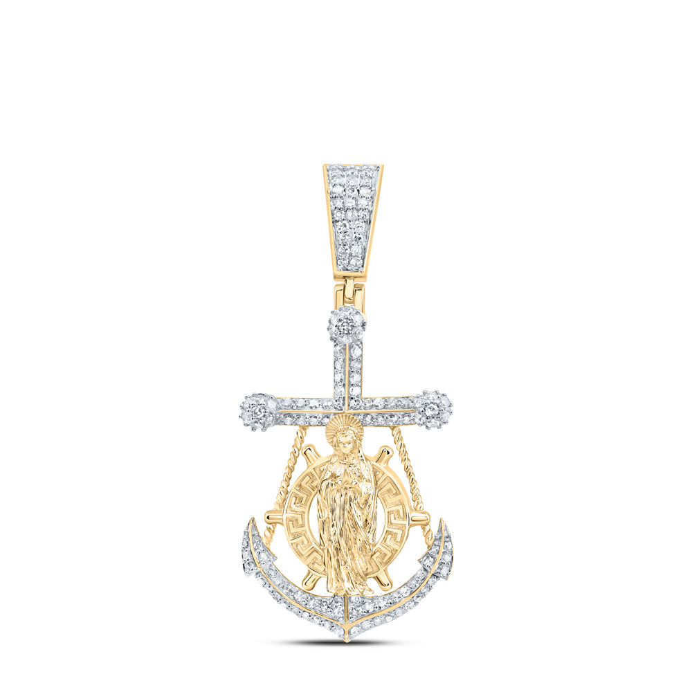 10Kt Gold 5/8Ctw-Dia Nk Cross Anchor Mother Mary Mens Charm