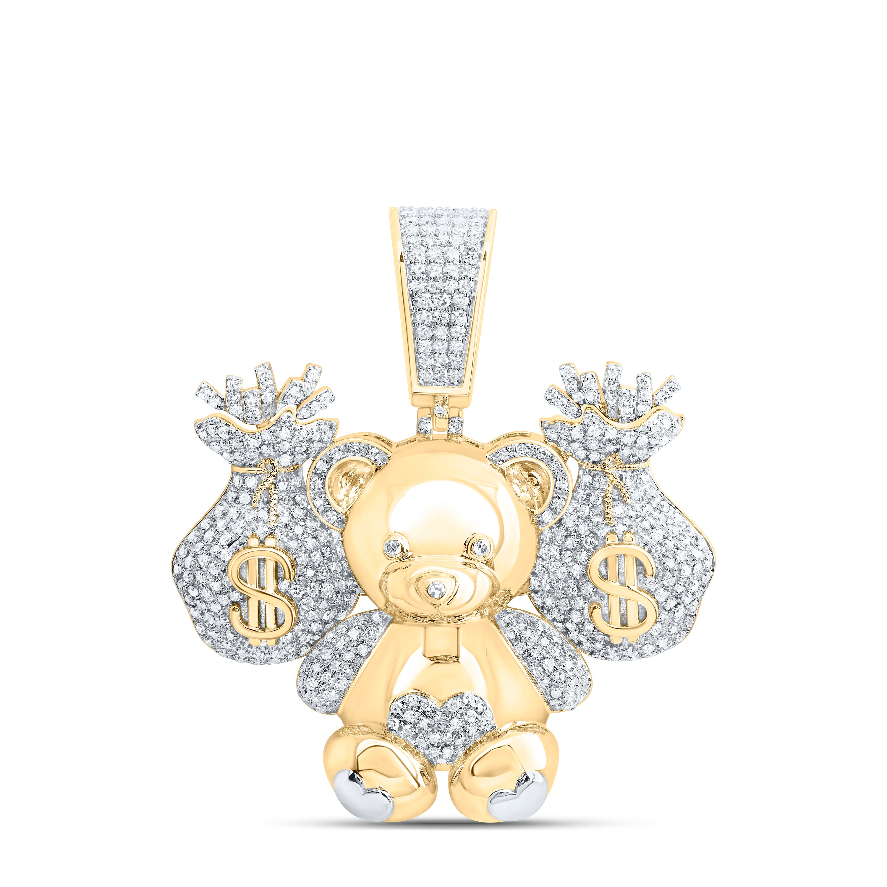 10Kt Gold 1 1/3Ctw-Dia Nk Teddy Bear Money Dollar Bag Mens Charm