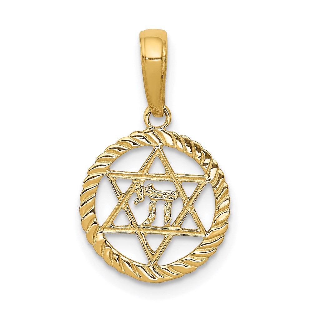 14k Yellow Gold 13 mm Star of David and Chai in Circle Pendant